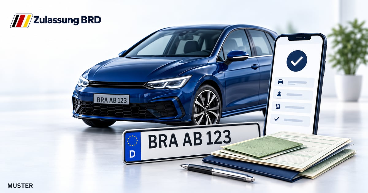 Online Fahrzeugzulassung in Brake: Musterkennzeichen BRA AB 123, Auto und Fahrzeugpapiere und Smartphone. Illustration mit Logo von Zulassung BRD.